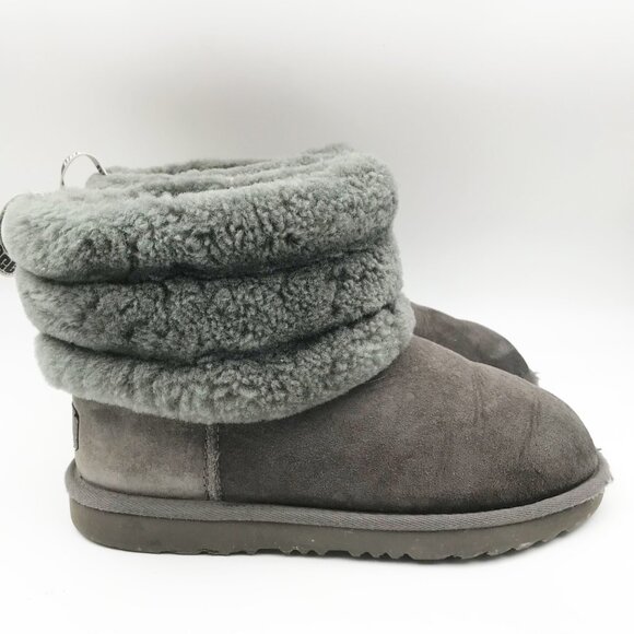 UGG Fluff Mini Quilted Gray Suede Fur Lined Ankle Boots Womens 6 Youth 5 - Picture 4 of 12